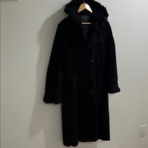 VINTAGE Women’s Suede Leather Coat S-M Black Jacket Hood Trench Faux Fur Lining